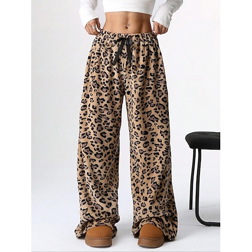 Damen Weites Bein Chinos Urlaub Mode Streetwear Volle Länge Hohe Taille Herz Leopard Elastischer Bund Drucken Bequem Weich Dehnbar Outdoor Straße Schwarz Weiß Rote Braun Frühling Herbst Winter Image