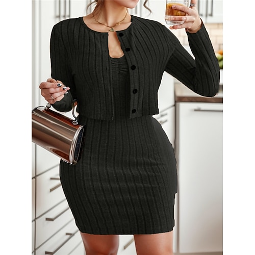 Damen Kleid-Set Etui-Kleid Elegant Einfach Knöpfe Gerippt Minikleid Langarm Rundhalsausschnitt Outdoor Urlaub Schwarz Hellgrün Leicht Braun Frühling Herbst Normale Passform Image