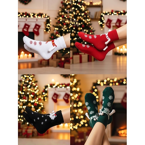 Weihnachtssöckchen-Set für Damen, 4 Paar Schneeflocke Rentier-Wintersocken mit Bommeln, kuschelige gestrickte Urlaubssocken als Geschenk, für zu Hause Weihnachtsfeiern Image