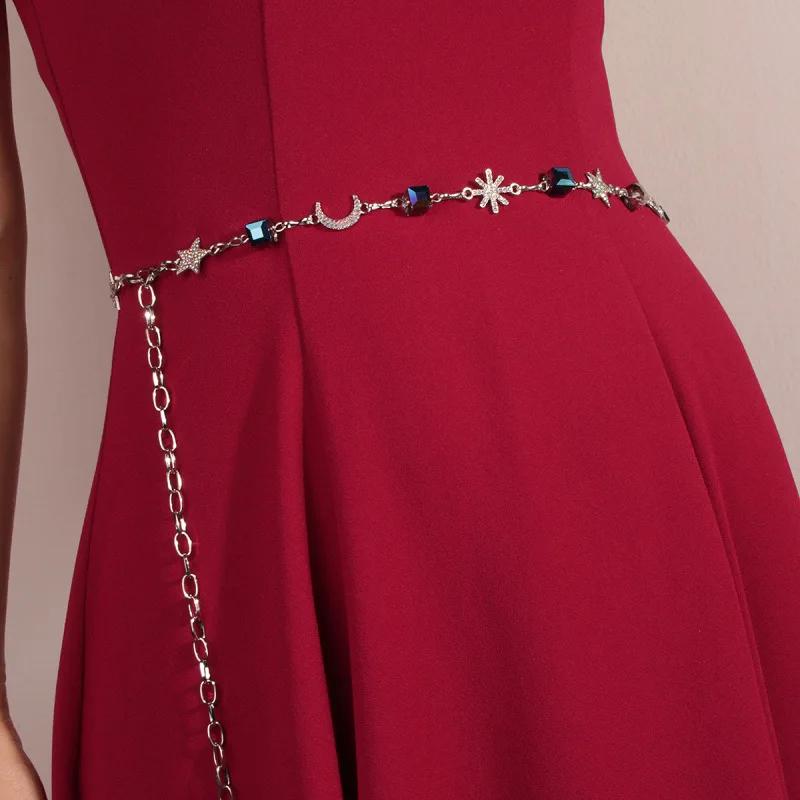Damen-Taillenkette mit Stern- und Mondkristallverzierung, verziert mit Strasssteinen und elegantem Metall Image