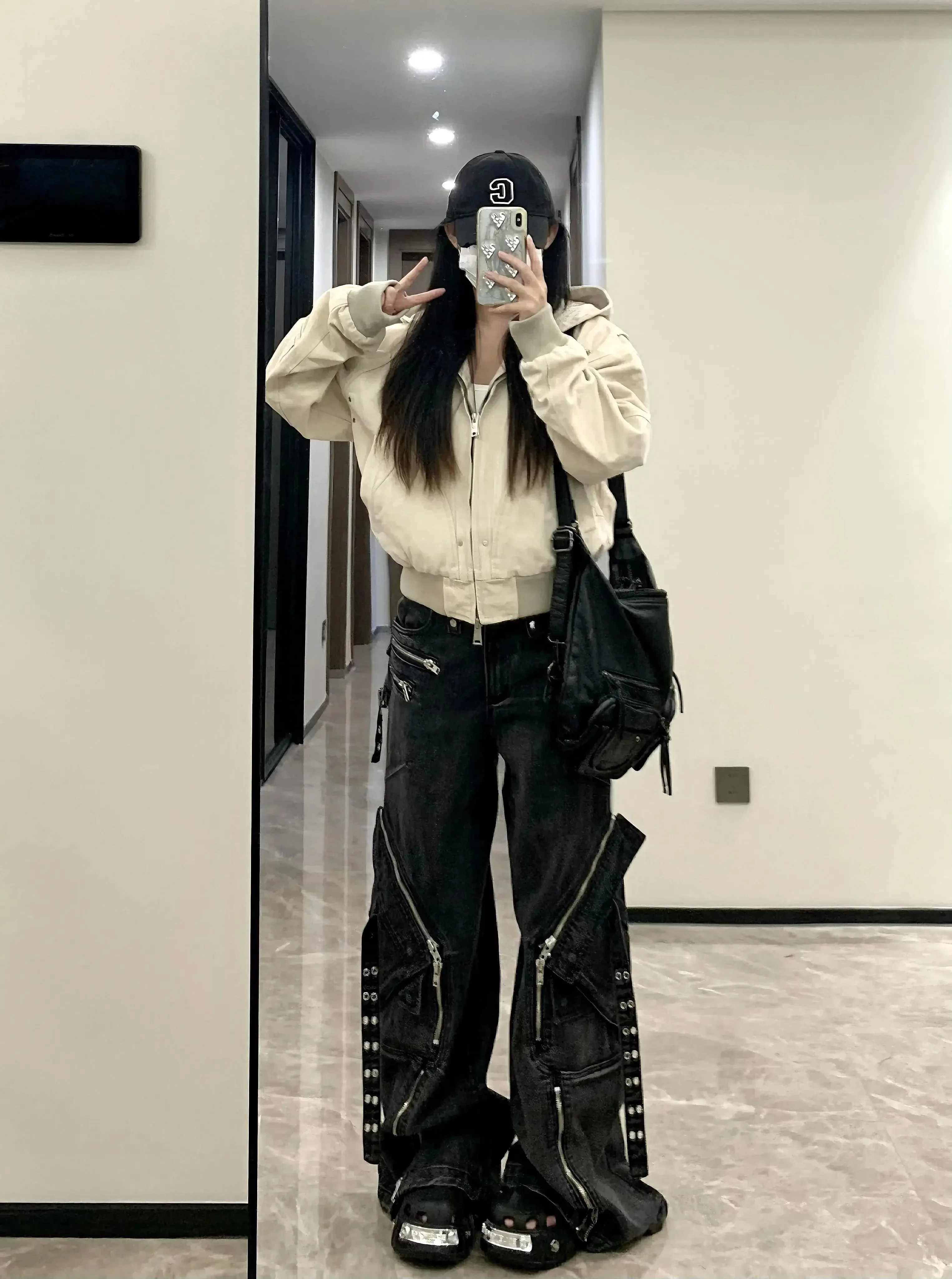 Y2K American Fashion Neuer Trend Schwarz Gothic Punk Reißverschluss Multi-Pocket-Jeans Männer und Frauen 2000er Jahre Vintage Übergroße Jeans mit weitem Bein Image