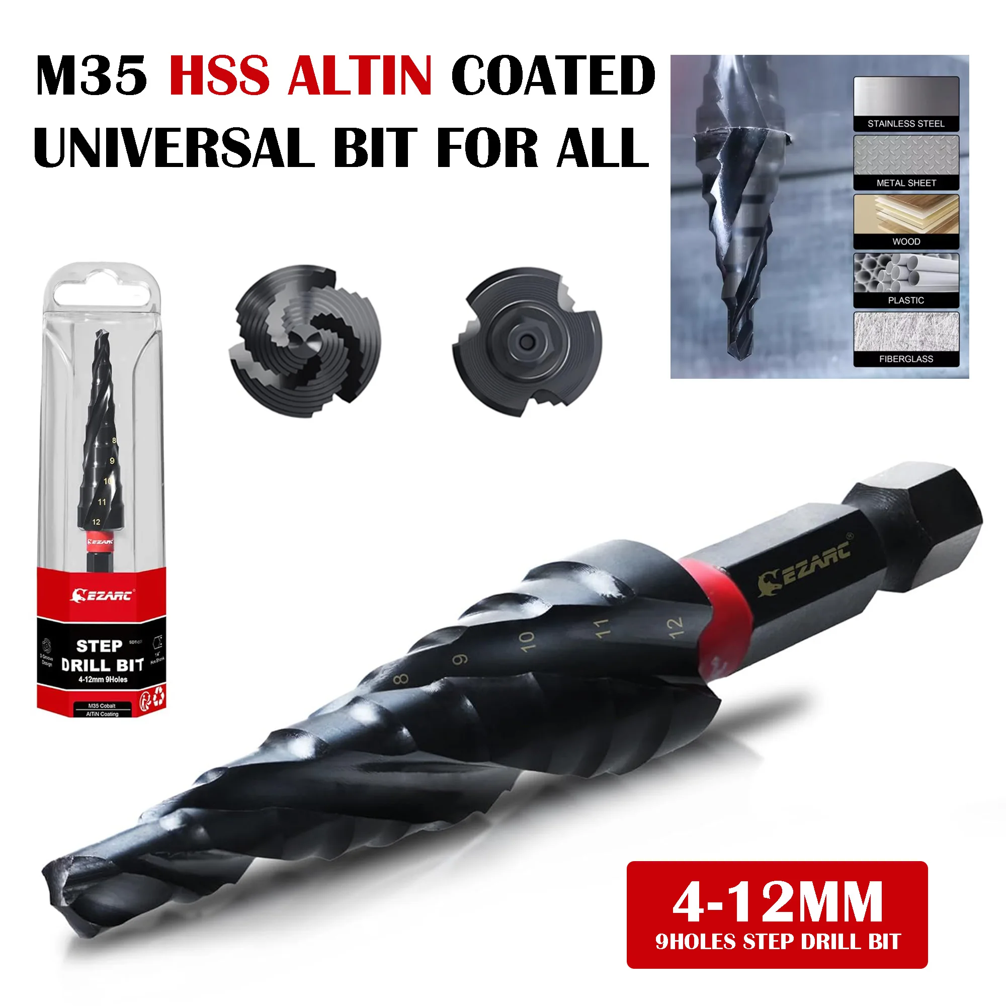 EZARC Punta da trapano per metallo 1 pezzo, punta da trapano a gradino Unibit con flauto a spirale M35 da 4-12 mm, codolo esagonale da 1/4", rivestimento in AlTiN resistente all'usura