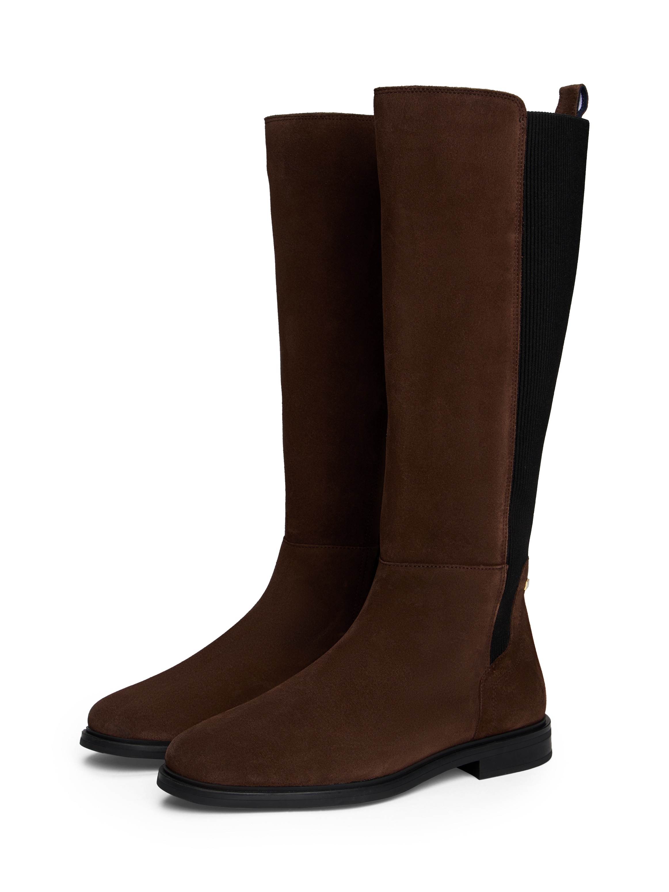 Stiefel TOMMY HILFIGER "FLAG SUEDE LONG BOOT", Damen, Gr. 37, Normalschaft, dunkelbraun, Veloursleder, Schuhe Stiefel, Langschaftstiefel, Reißverschlussstiefel mit Logoflaggen-Detail