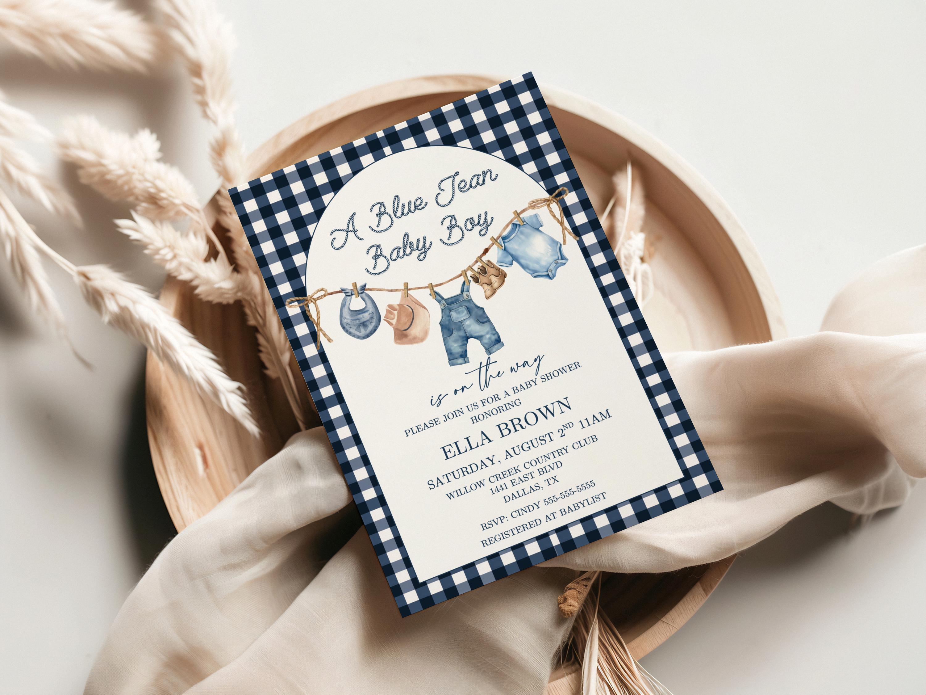 Invito per baby shower in jeans blu, invito Baby Sprinkle, baby shower in denim, baby shower in stile cowboy, modello di invito per baby shower modifi