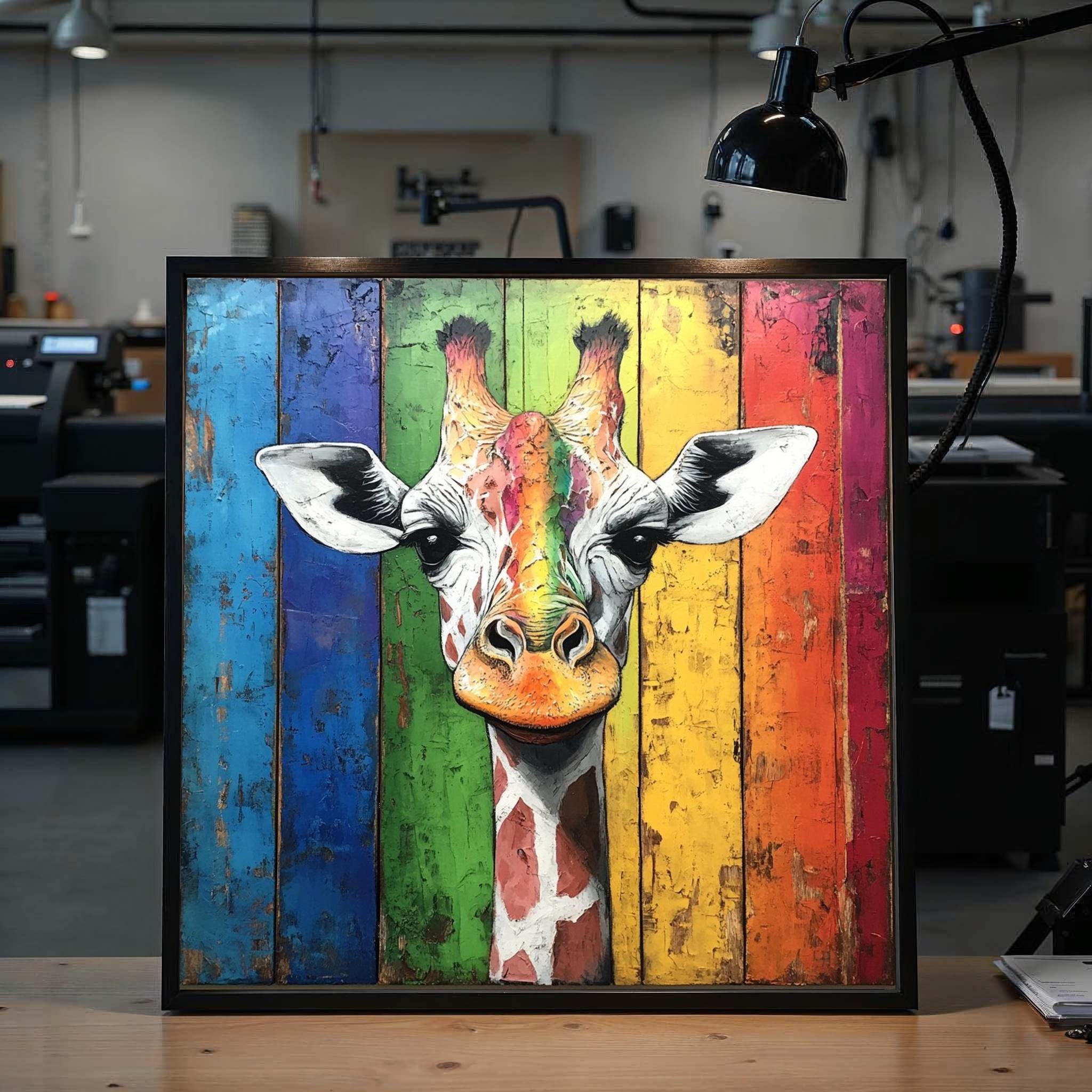 Tela colorata con giraffa, stampa murale con giraffa arcobaleno, stampa su tela con animali, stampa murale multicolore, design su tela per arte murale