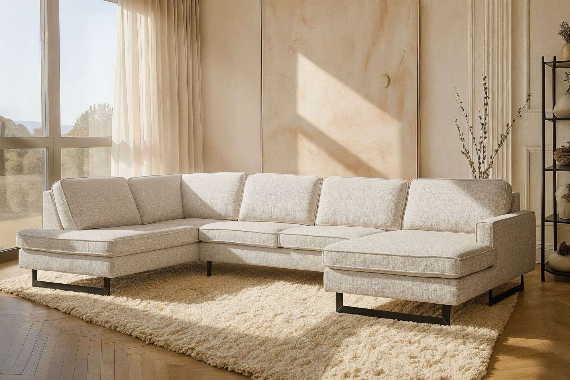 Wohnlandschaft HOME AFFAIRE "Pinto, 350 cm, U-Form, XXL, mit Ottomanen", creme, B:350cm H:85cm T:206cm, 100% Polyester, Sofas, Wohnlandschaft, Cord, Chenille, Lederoptik, mit Keder, Metallfüße, Wellenunterfederung Image