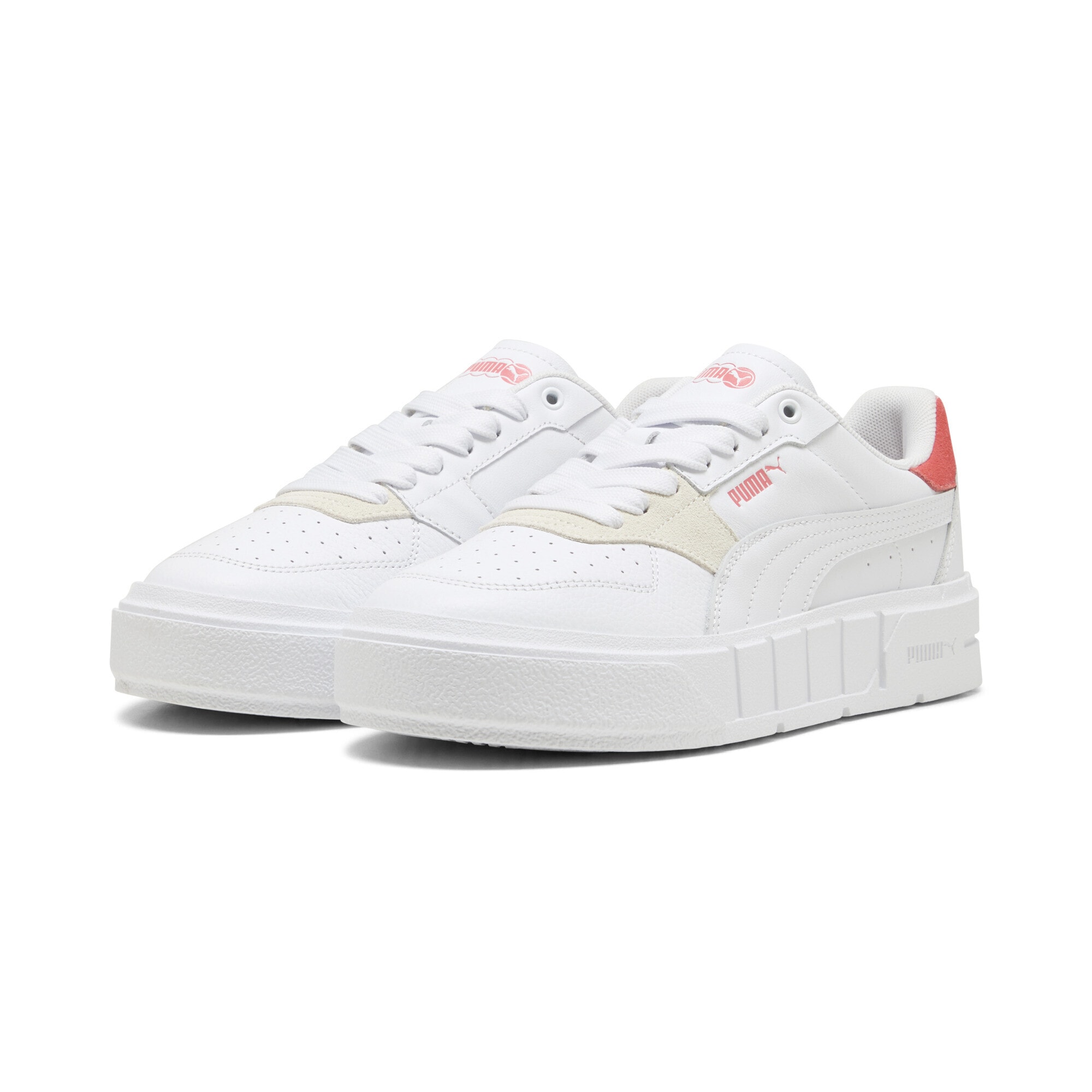 Sneaker PUMA "Cali Court Match Sneakers Damen", Damen, Gr. 38,5, weiß peach frost rot, Obermaterial: Kuhleder, Synthetik; Futter: Textil; Innensohle: Textil; Laufsohle: Gummi, Schuhe Sneaker