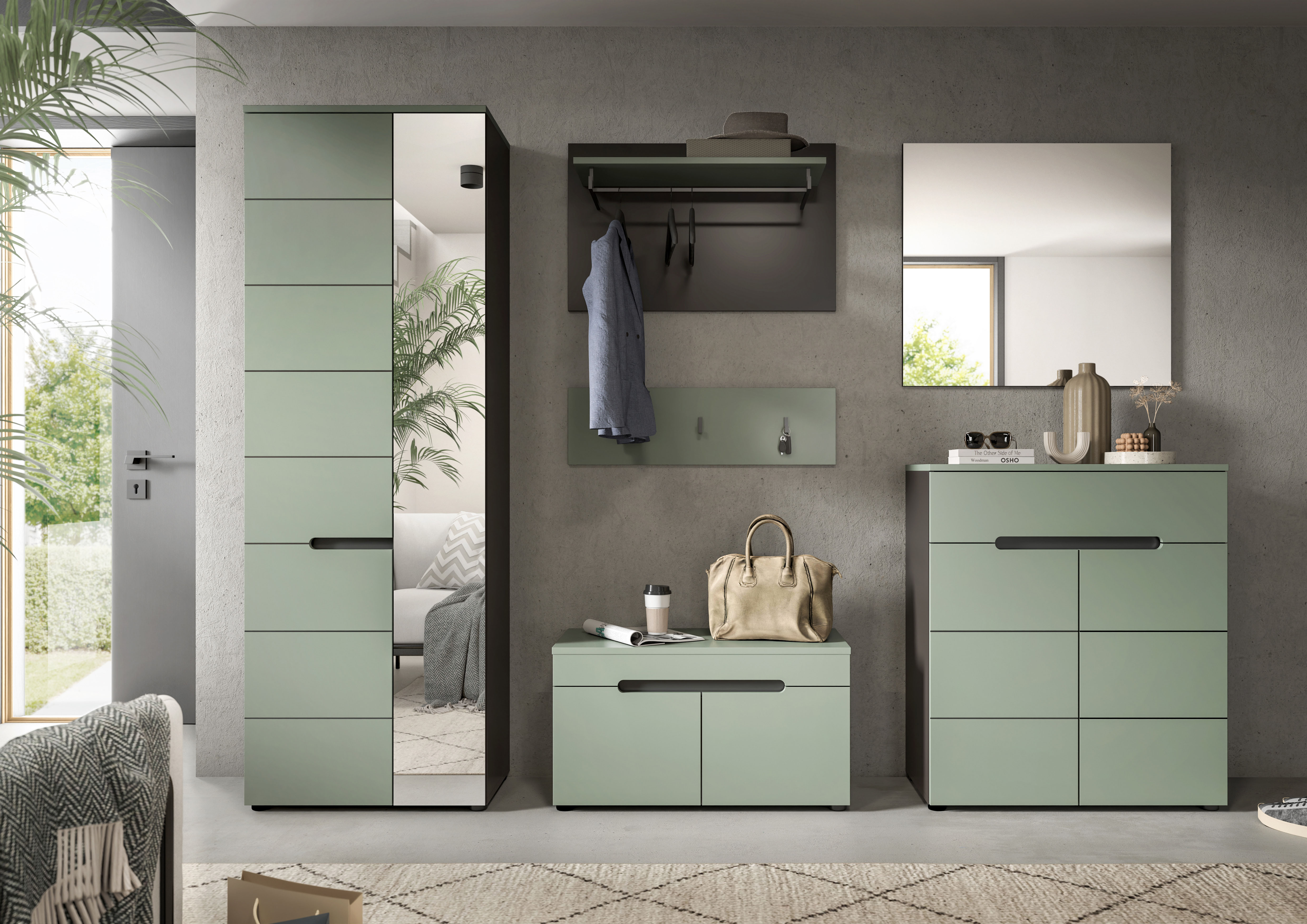 Garderoben-Set INOSIGN "Rehat, Garderobenkombination, Breite 255cm", grau (basalt grau nb, smoke grün nb), Kastenmöbel-Sets, Garderobenkombination, Kombination, Set, Flurgarderobe, Diele