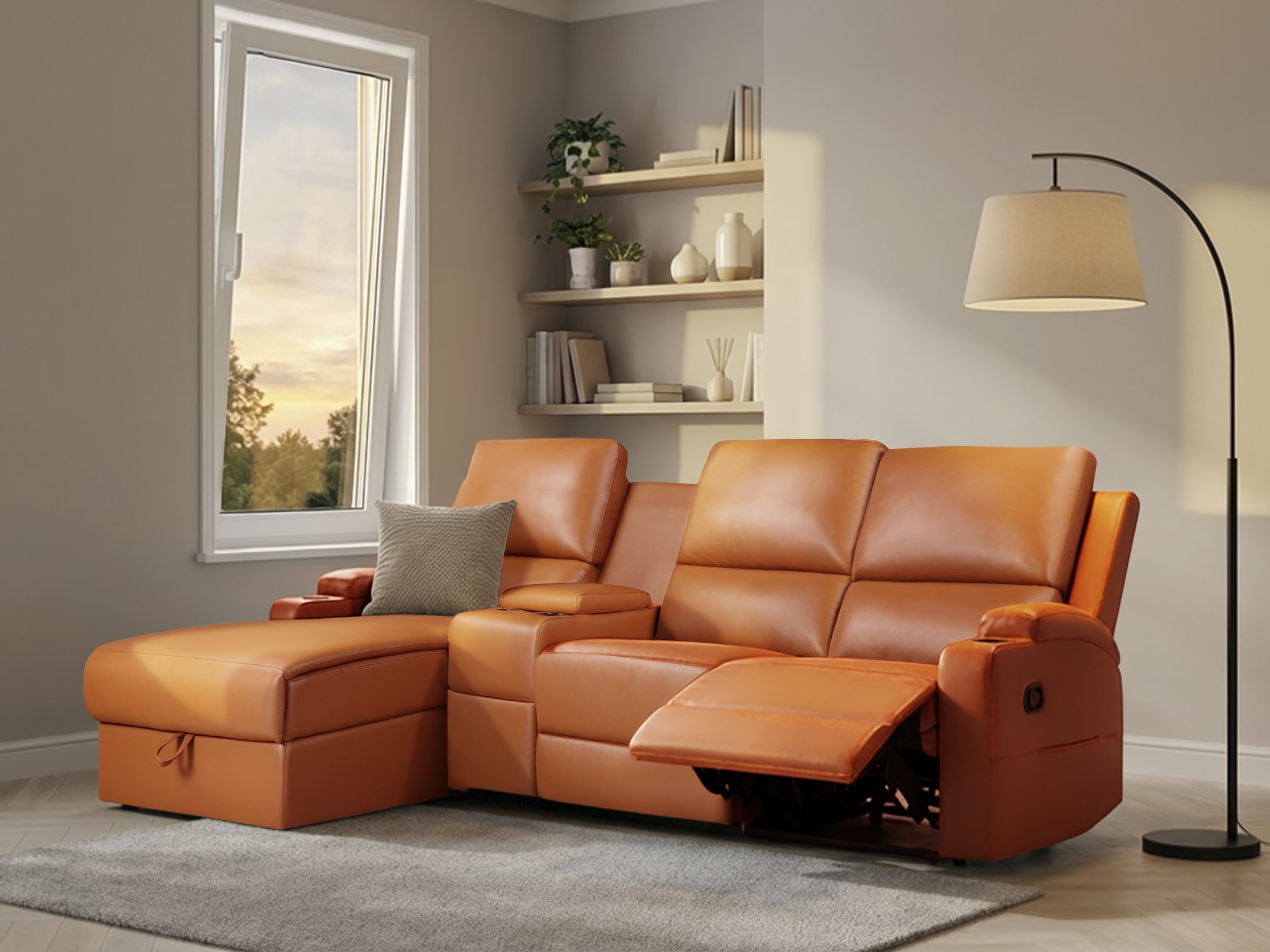 Ecksofa OTTO HOME "NAPORI Multimediasofa, 3er Kinosessel XXL, L-Form, 3 Bezugsstoffe", braun (cognac), B:240cm H:105cm T:155cm, Sofas, Ecksofa, Kinosofa mit Relaxfunktion, Getränkehalter, Staufach und Staukasten, Topseller
