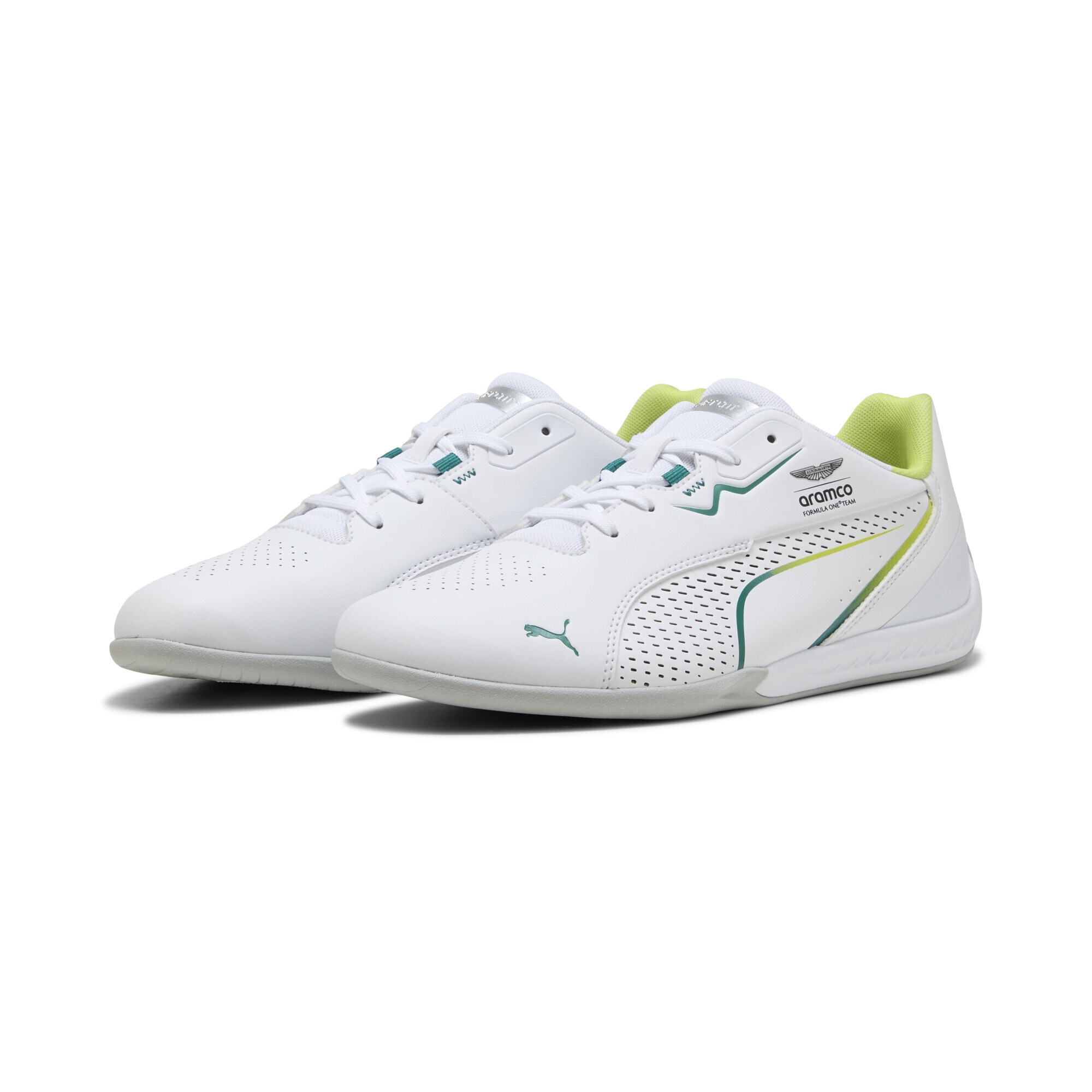 Sneaker PUMA "PUMA x ASTON MARTIN ARAMCO F1 TEAM Drift Cat 11 Sneakers", Damen, Gr. 47, weiß grün lux, Obermaterial: Synthetik, Textil; Futter: Textil; Innensohle: Textil; Laufsohle: Gummi, Schuhe Sneaker