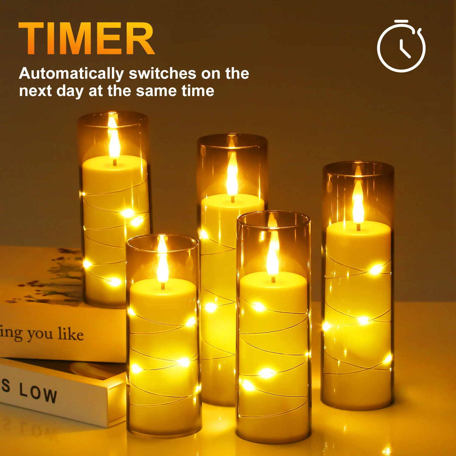 5 Stück LED-Kerzen mit Fernbedienung, batteriebetrieben, grauer Kunststoffbecher mit Timer für Heimdekoration Image