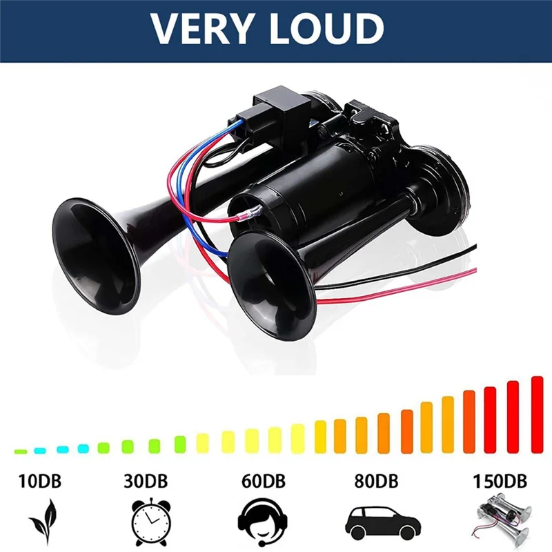 AASS-Horn Kit Zughorn-Kit 12 V 150 dB super laute 2 Trompete mit Kompressor für LKWs, Züge, Boote, Schwarz Image