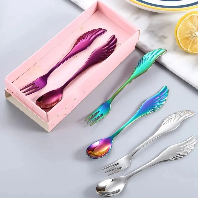 2pcs/set Household 304 Stainless Steel Wing Handle Tableware Coffee Spoon Fruit Fork Creative Set Gift Box-Packed