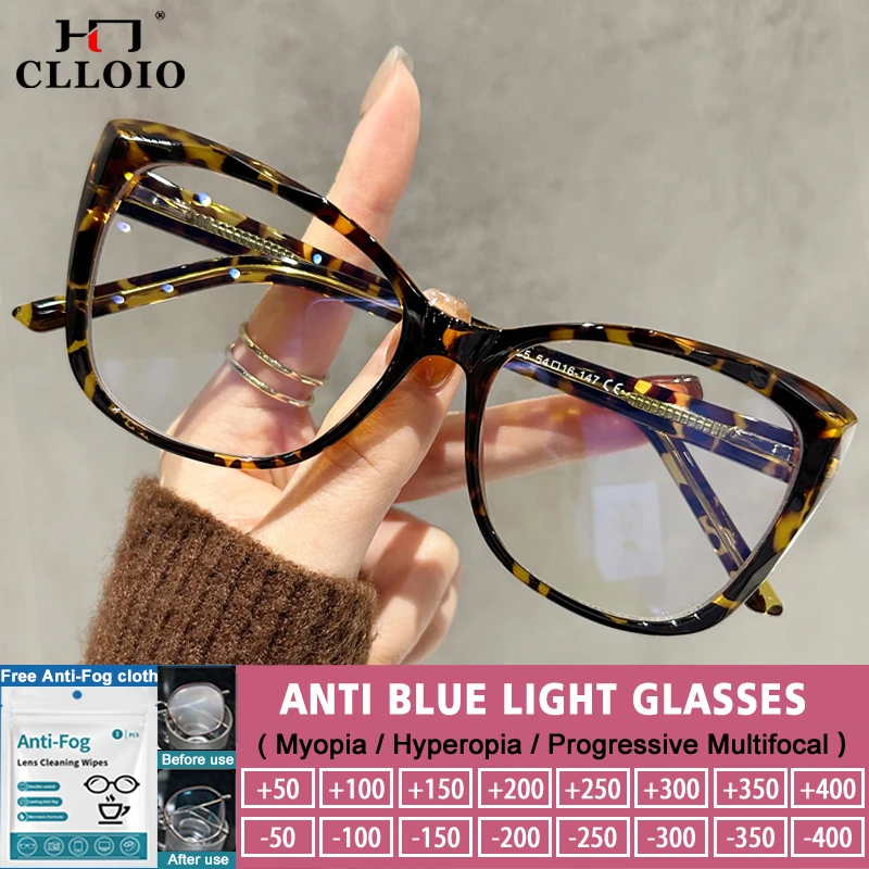 CLLOIO Premium Cat Eye Progressive Lesebrille Frauen Retro Große Rahmen Gläser Anti Blue Ray Rezept Myopie Brillen Image