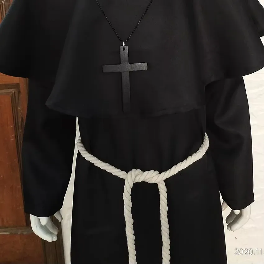 Mönch mittelalterlicher Mönch langer Umhang Priester Ritter Robe Kreuz Halskette Gürtel Tattoo Halloween Erwachsene Teenager Kostüm Cape Party Requisiten Image
