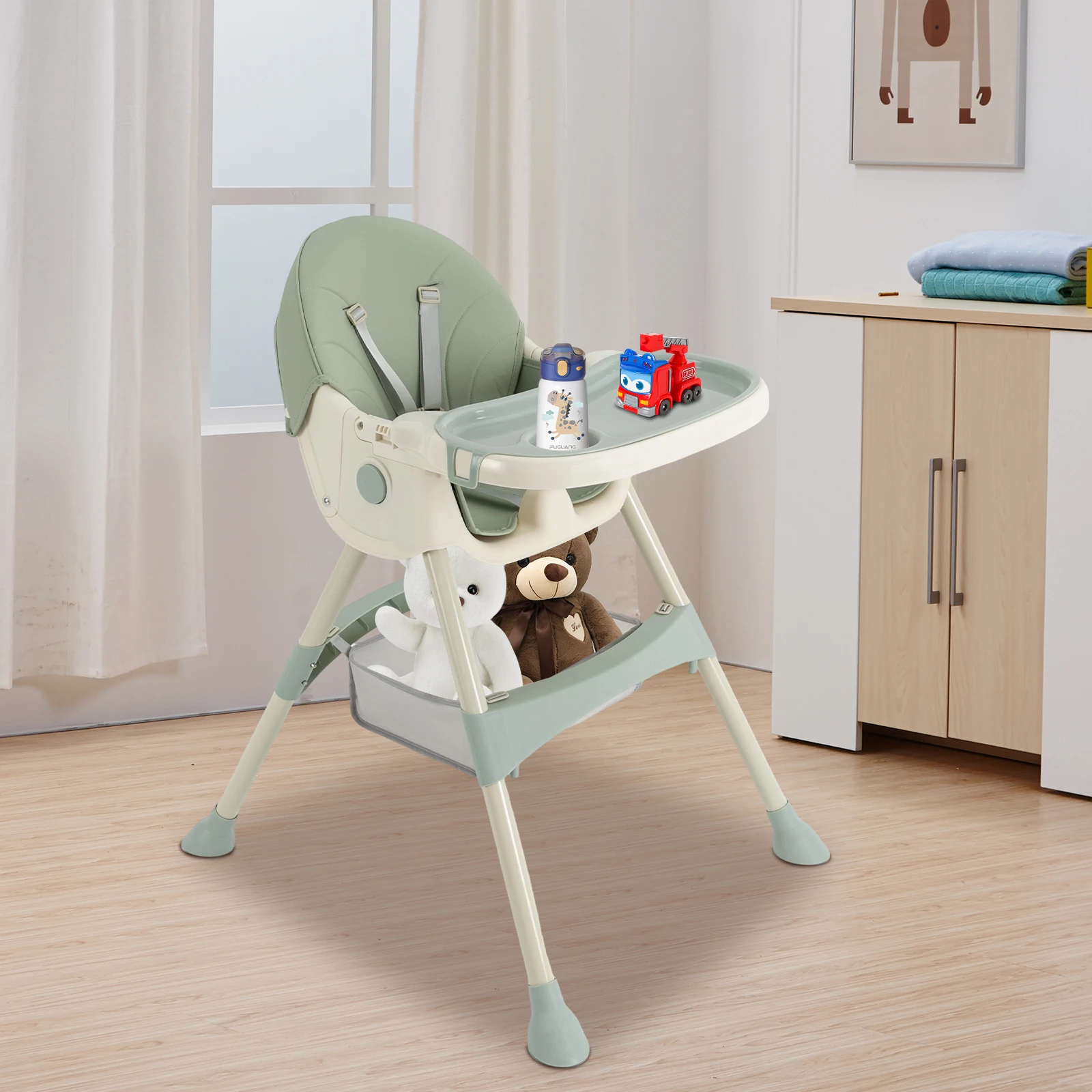 3-in-1-Kinderhochstuhl mit Abendmahlplatte und 4 Rollen, moderner Hochstuhl, für 6 Monate bis 3 Jahre alt (Mint Green)