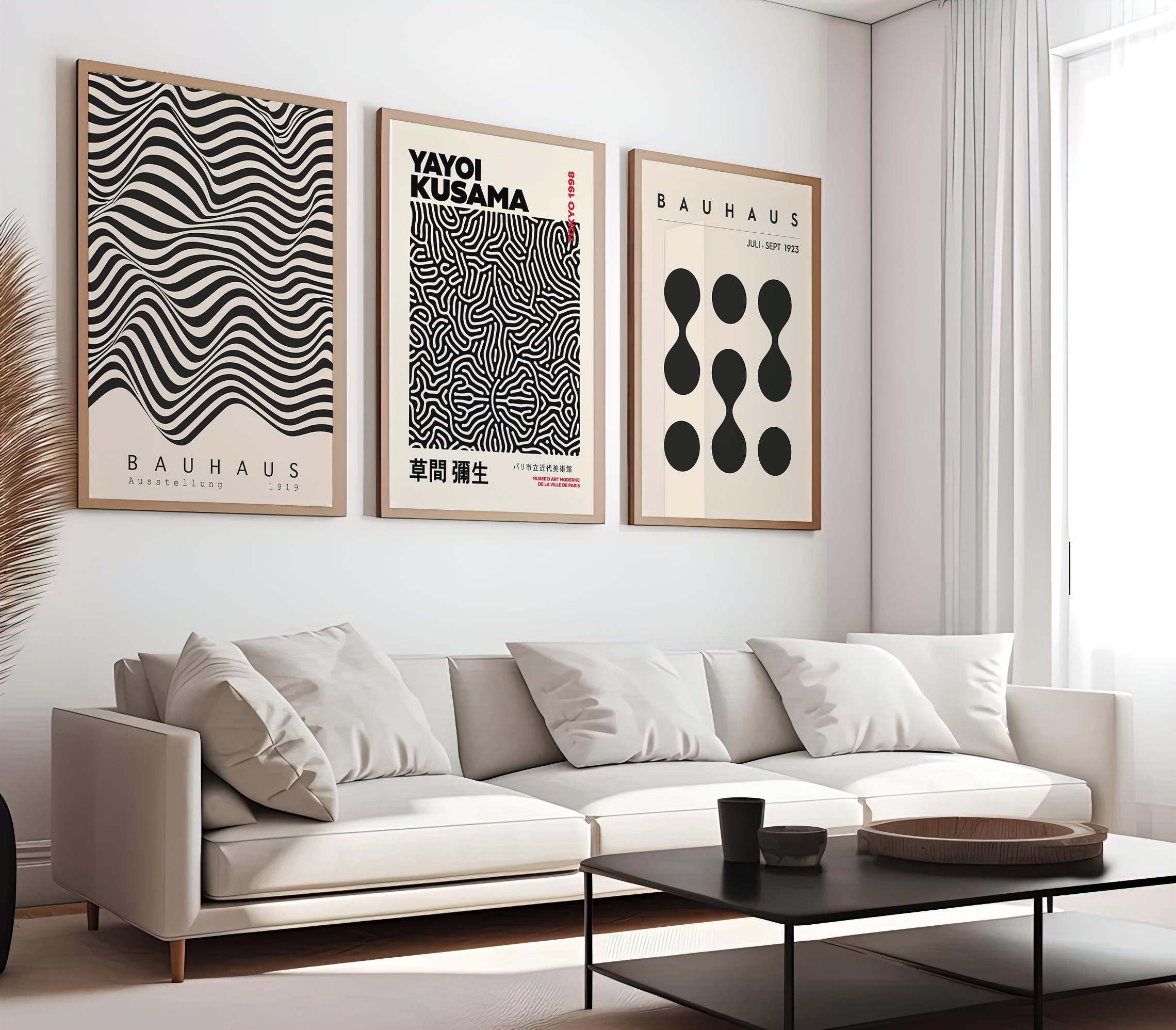 Set di 3 stampe, set di poster, set di stampe artistiche da parete, set di stampe artistiche di Yayoi Kusama, pacchetto di 3 poster Bauhaus, pacchetto