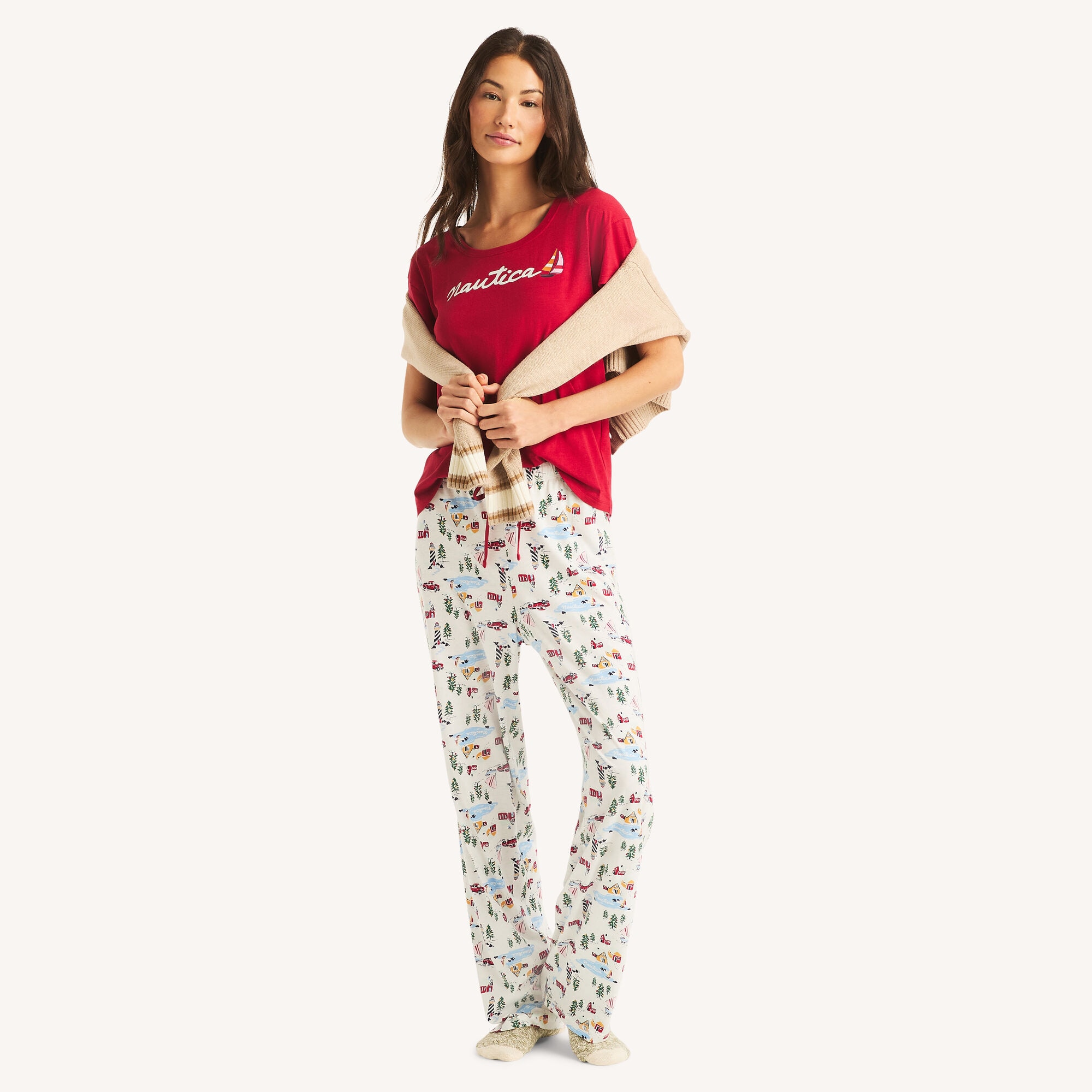 Nautica Women's Printed Pajama Pant Set 101 (Bright White), XS