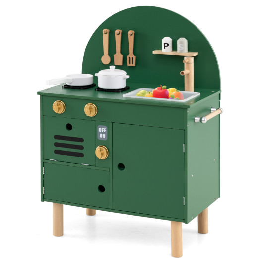Costway Play Kitchen for Kids Wooden Kitchen Playset with Stoves Faucet Sink Microwave and Oven-Green