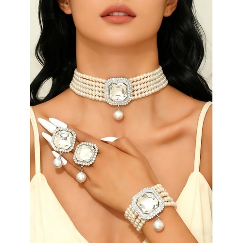 Damen Perlen- und grüner Edelstein Schmuckset 3-teilig, Vintage Halsband, Armband Ring für Weihnachtsfeiern, Weihnachtsgeschenke elegante Abende Image