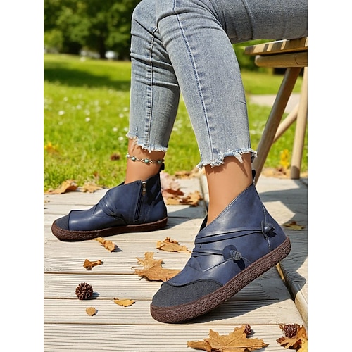 Damenstiefeletten aus Vintage-Kunstleder in Kaffeebraun mit seitlichem Reißverschluss – bequeme Stiefeletten für die Freizeit, Spaziergänge im Freien und Alltagsoutfits Image