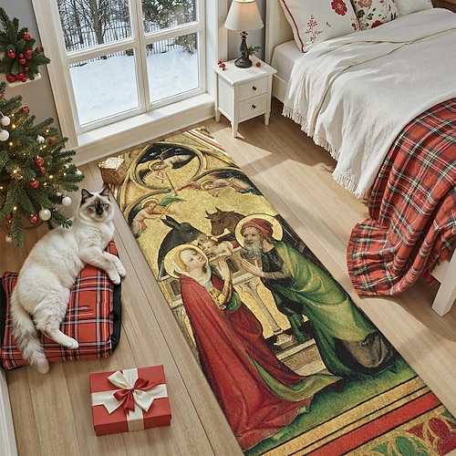 Krippenszene Läuferteppich für Flur und Küche weich rutschfest maschinenwaschbare Kunstkaschmir Weihnachtsflur-Läufer religiöses Kunstdesign Fußmatte für die vordere Tür oder den Eingang Wohnkultur Image