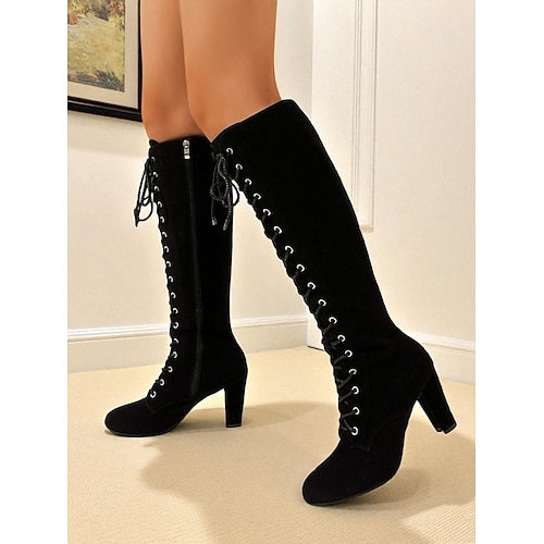 Kniehohe Wildlederstiefel zum Schnüren für Damen, hohe Stiefel im Vintage-Chic-Stil mit Blockabsatz für den Herbst Winteroutfits, Cosplay und Alltagskleidung Image