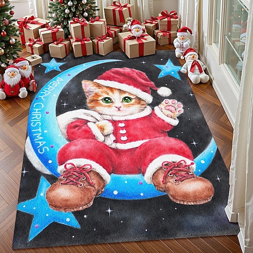 Weihnachtsmond Katzenbereich Teppich für Wohnzimmer und Schlafzimmer Faux Kaschmir Niedliche Katze im Weihnachtsmann auf dem Mond Teppich Festliche Feiertagskunst Teppich Weich Rutschfest Image