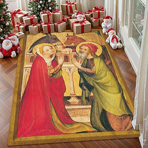 Krippe Weihnachts Teppich für Wohnzimmer und Schlafzimmer Faux Kaschmir Jesus Geburts Teppich mit Maria Josef und Baby Jesus religiöse Weihnachtskunst weich rutschfest maschinenwaschbar Teppich, Image