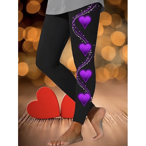 Damen Leggings Urlaub Vintage Mode Volle Länge Hohe Taille Herz Grafik Drucken Thermowarm Weich Atmungsaktiv Dehnbar Täglich Outdoor Urlaub Violett Rote Fuchsie Frühling Herbst Schmale Passform Image