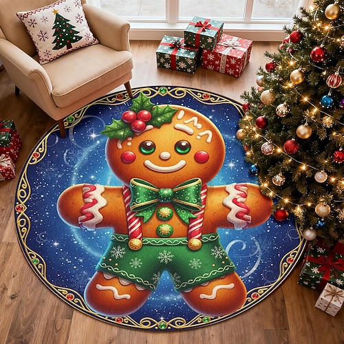 Lebkuchenmann Weihnachten runder Teppich für Wohnzimmer und Schlafzimmer Faux Kaschmir Fröhliche Weihnachten Teppich weicher rutschfester maschinenwaschbarer Teppich festlicher dekorativer Fußmatte 4 Image