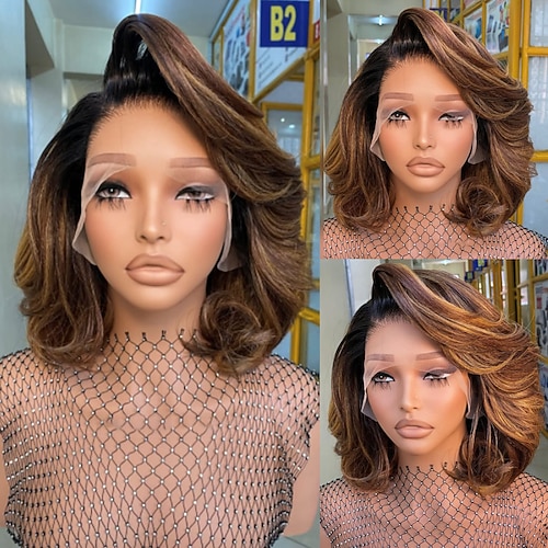 Remy Echthaar 5x5 Verschluss 13x4 Spitzenfront Perücke Kurzer Bob Brasilianisches Haar Gewellt Braun Mehrfarbig Perücke 150% 180% Haardichte mit Babyhaaren Hervorgehobenes / Balayage-Haar 100 Image