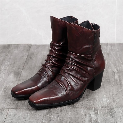 kastanienbraune Herrenstiefel aus Leder mit gerafften Details – trendig und bequem für abendliche Zusammenkünfte und formelle Anlässe Image