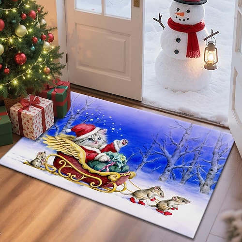 Weihnachts Fußmatte für Eingangsbereich Weich Rutschfest Maschinenwaschbar Faux Kaschmir Eingangstürmatte Festlicher Eingangsbereich Teppich SantaAndCompany und SantaAndTheHelpers von Kayomi Harai Image