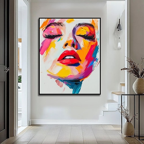 handgefertigtes Ölgemälde auf Leinwand, Wandkunst, Dekoration, abstrakte Figuren, Gesicht, Messerzeichnung für Heimdekoration, gespannter Rahmen, hängendes Gemälde/gerolltes rahmenloses, ungedehntes Image