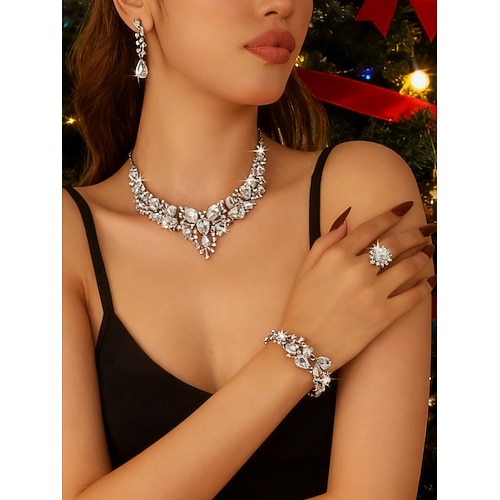 Damen grün Kristall Schmuck-Set 4-teilig, elegante Halskette, Ohrringe, Armband Ring für Weihnachtsfeiern, Weihnachtsgeschenke formelle Veranstaltungen Image