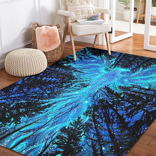 Galaxie Wald Phoenix Teppich für Wohnzimmer und Schlafzimmer Faux Cashmere blauer sternenbedeckter Himmel und Bäume kosmische Nachtkunst weich rutschfest maschinenwaschbar Teppich Spirit of the Image
