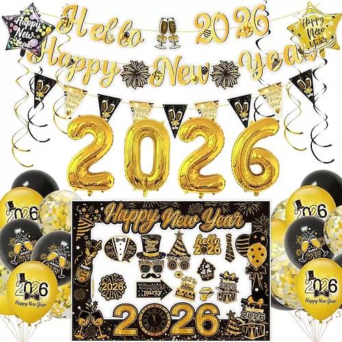 Silvesterparty mit schwarzen und goldenen Dekorationen 2026, Ballon- und Banner-Set – Partyzubehör für ein frohes neues Jahr mit Requisiten für Fotoautomaten, Girlanden Hintergrund für Countdown und Image