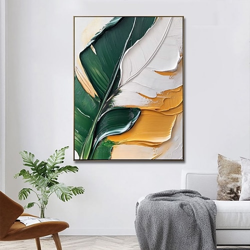 handgefertigtes Ölgemälde auf Leinwand, Wandkunst, Dekoration, abstrakte grüne Pflanzen, Bananenblatt für Zuhause, Wohnzimmer, Dekoration, gespannter Rahmen, hängendes Gemälde/gerolltes rahmenloses, Image