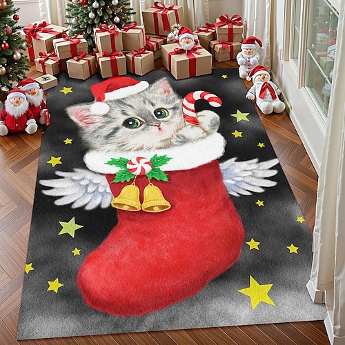 Weihnachtskatze im Strumpf Teppich für Wohnzimmer und Schlafzimmer Kunstkaschmir Feiertags Teppich weich rutschfest maschinenwaschbare Matte 5x7 Fuß EngelSanta von Kayomi Harai Image