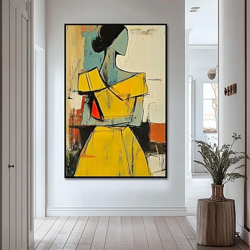 Handgefertigtes Ölgemälde auf Leinwand, Wandkunst, Dekoration, abstrakte Linien, Figuren tragen gelbes Kleid für die Inneneinrichtung, gespannter Rahmen, hängendes Gemälde/gerolltes rahmenloses, Image