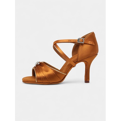 Damen-Latein-Tanzschuhe aus Satin, professionelle Riemchen-Ballsaal-Absätze mit Strassschnalle für Auftritte, Wettbewerbe Hochzeiten Image