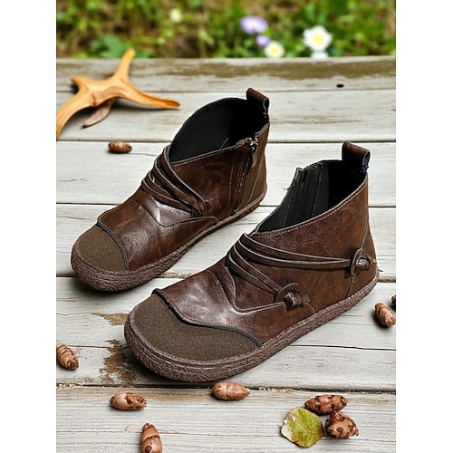 Damenstiefeletten aus Vintage-Kunstleder in Kaffeebraun mit seitlichem Reißverschluss – bequeme Stiefeletten für die Freizeit, Spaziergänge im Freien und Alltagsoutfits Image