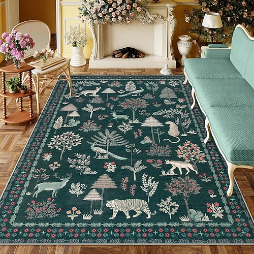 Boho-Wald-Teppich für das Wohnzimmer, luxuriöser Teppich im Perserstil, weicher Nachttischvorleger für das Schlafzimmer, strapazierfähige und schmutzabweisende Couchtischmatte Image