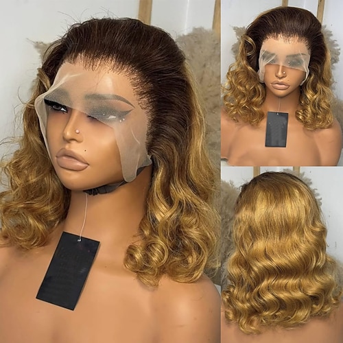 100 % brasilianisches Echthaar, honigblond, klebstofffrei, Ombre, 5 x 5 Zoll, Spitzenverschluss, Perücke, kurzer Bob, 13 x 4 Zoll, Spitzenfront, Echthaarperücke mit vorgezupftem Babyhaar für Frauen Image