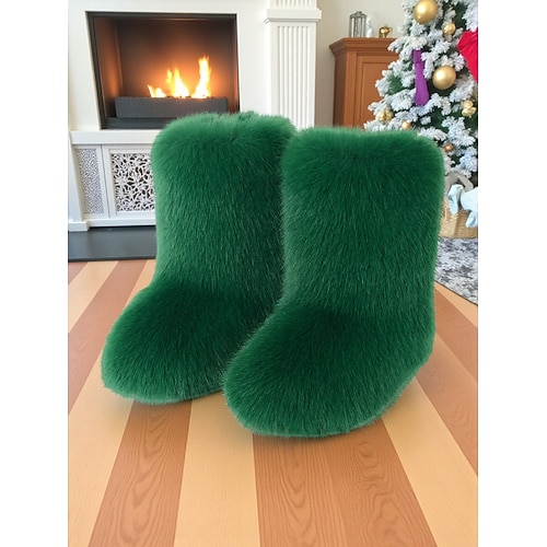 Grüne Kunstfellstiefel für Damen – gemütlicher Weihnachtsstil, perfekt für Feiertagsoutfits und festliche Anlässe Image