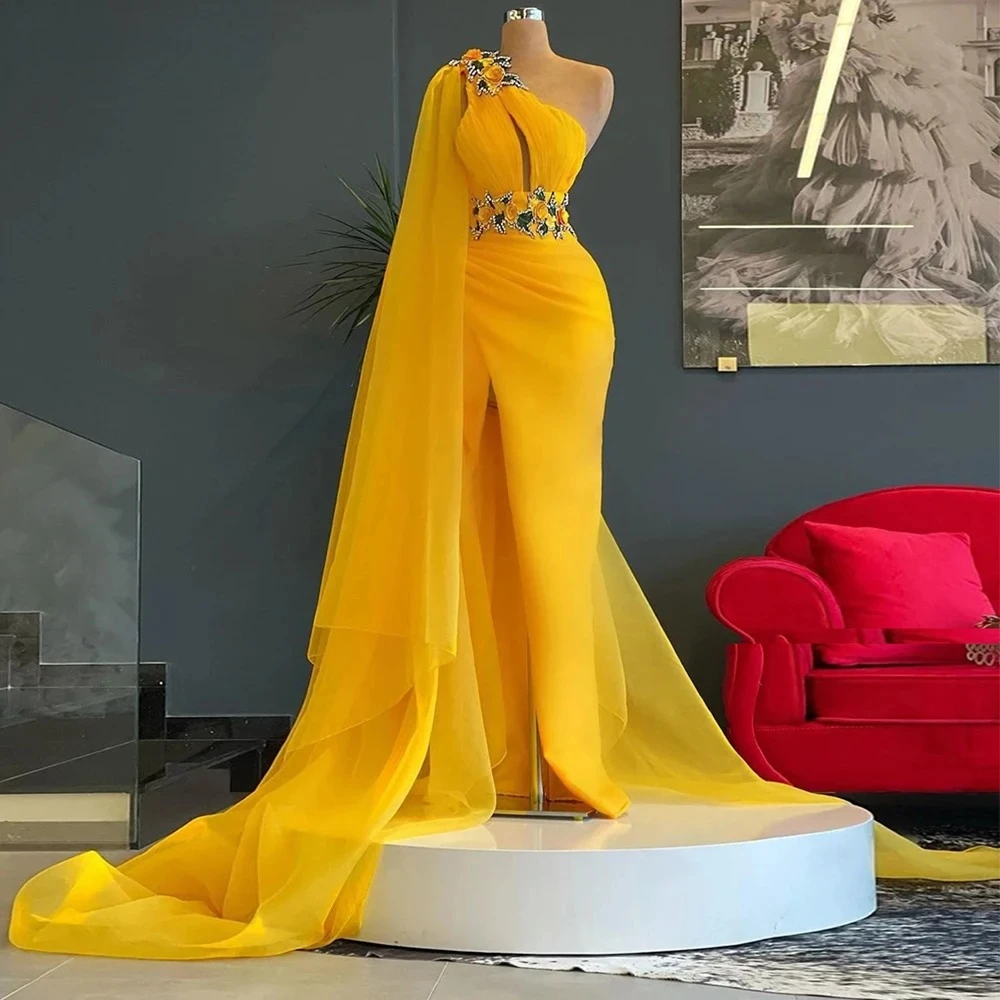 Customized High Quality Yellow Prom Dresses One Shoulder Appliques Slit Tulle Plus Size Long Formal Evening Party Gown for Women
