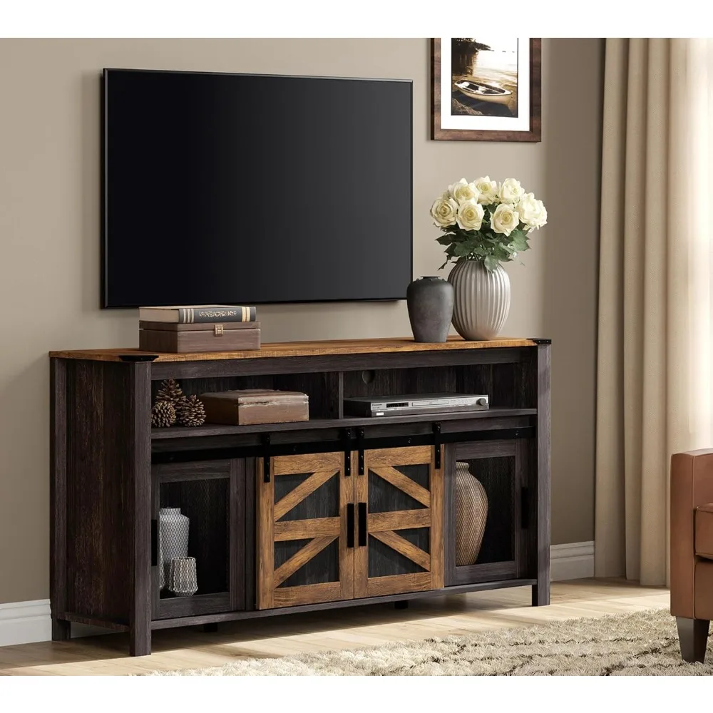 antique black and brown 65-inch tv farmhouse stand with sliding barn and mesh doors entertainment center