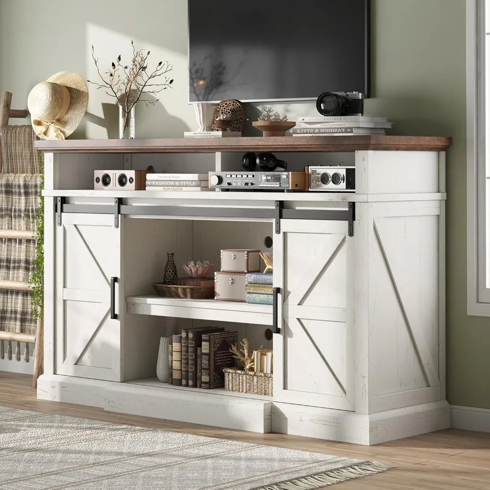 66-inch farmhouse style tv stand with 40-inch tall sliding barn door entertainment center and ample storage shelves