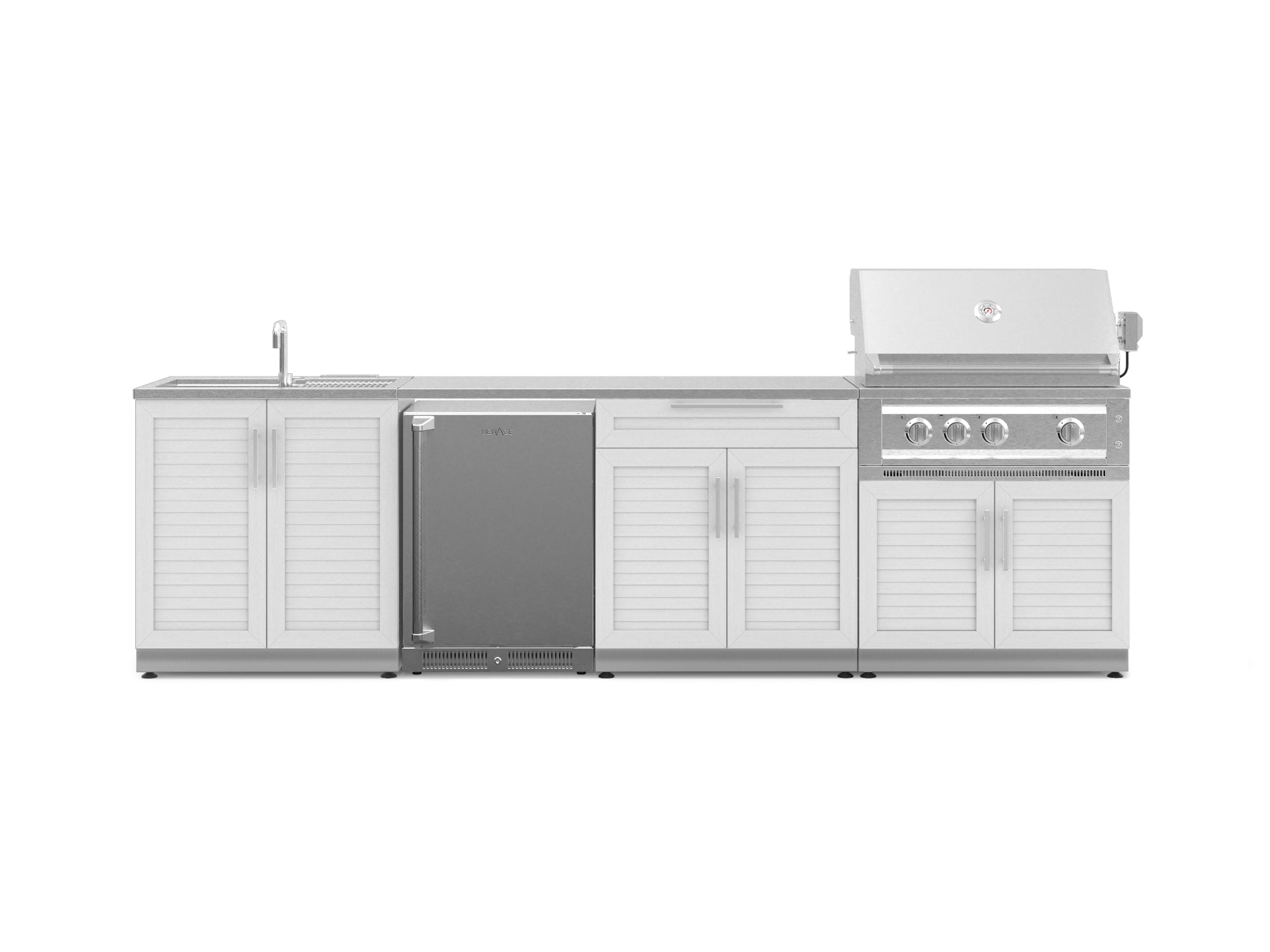 NewAge Outdoor Kitchens Stainless Steel 6-Piece Cabinet Set with Sink, Bar, Grill Cabinet, Platinum Grill, Countertop and Stainless Steel Door Fridge